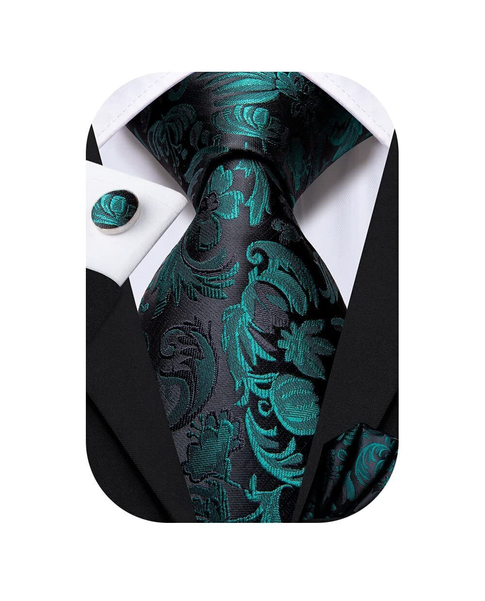 7560 Black Teal Paisley Striped Tie WOVEN Necktie and Handkerchief